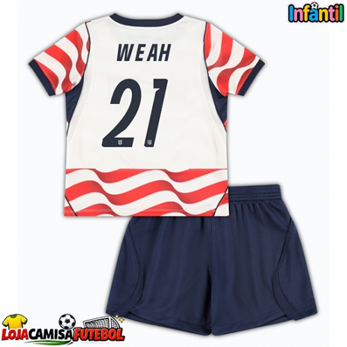 Camisa de Futebol Estados Unidos Timothy Weah #21 Equipamento Principal Infantil Mundo 2026 Manga Curta (+ Calças curtas)